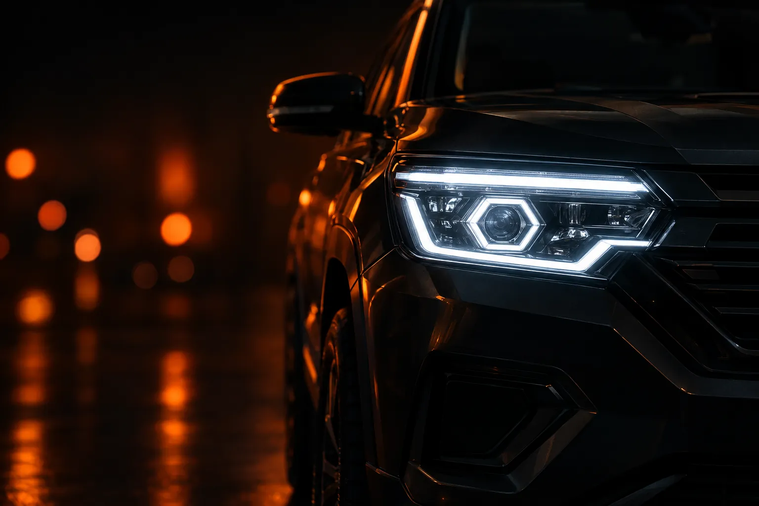 SUV LED headlight glowing white with a hexagonal projector against orange bokeh
