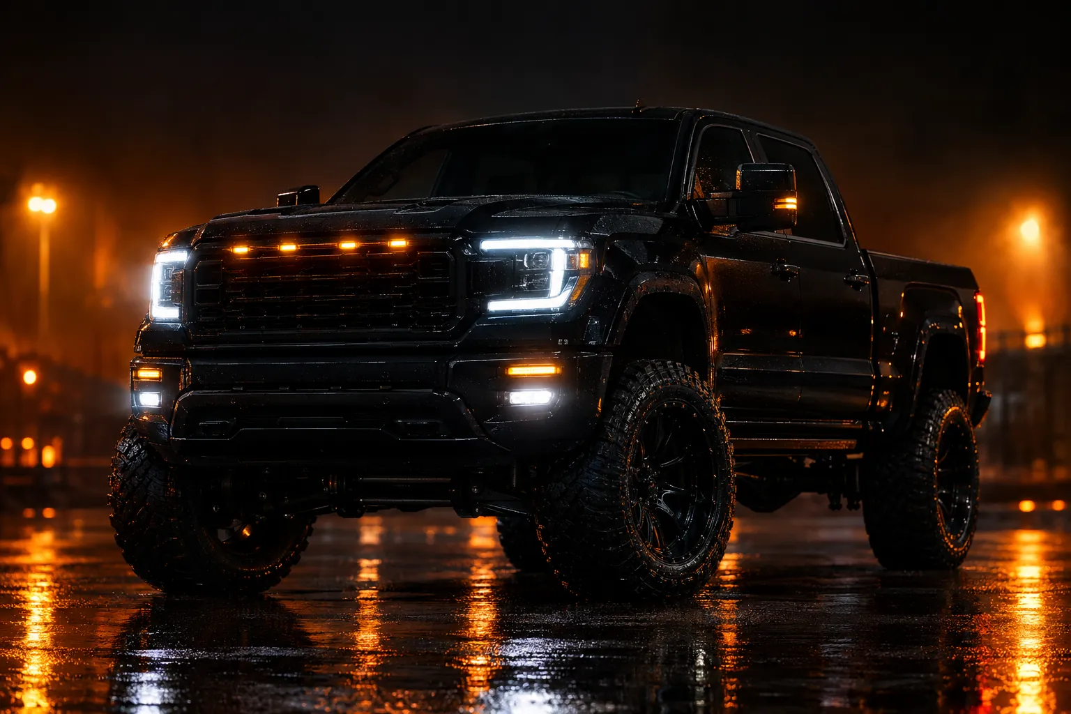 Black lifted pickup truck at night with headlights and amber marker lights on