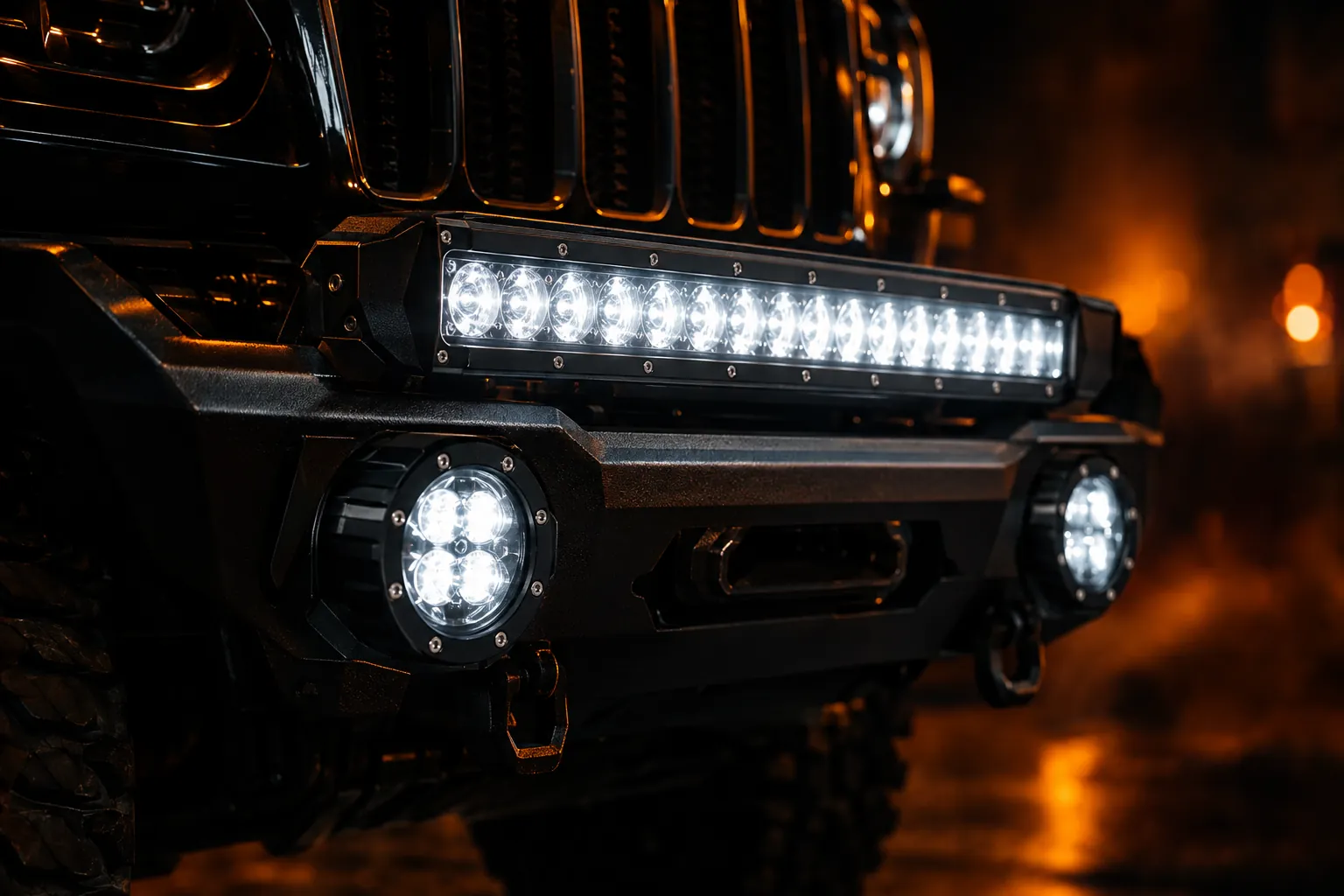 LED light bar and round pod lights mounted on an off-road bumper
