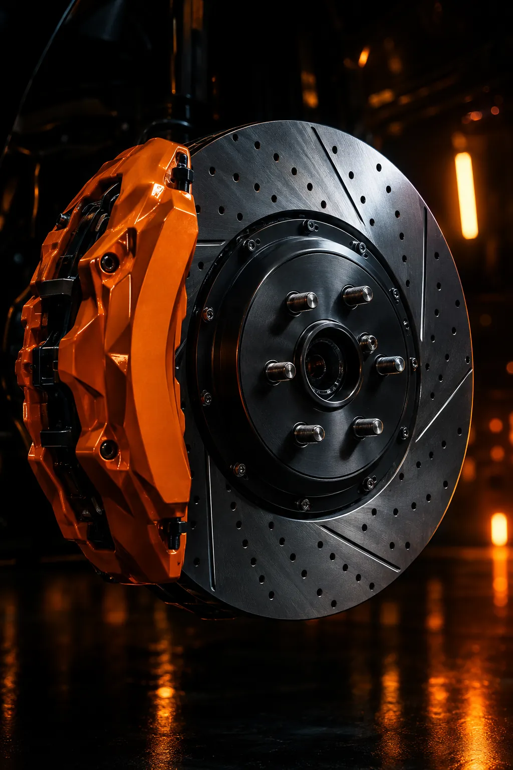 Drilled and slotted brake rotor with an orange caliper