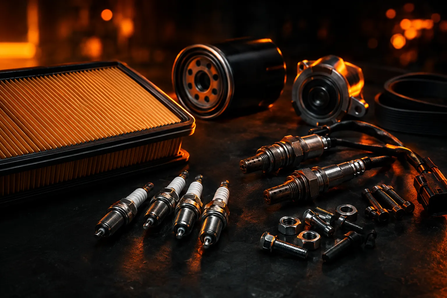 Air filter, oxygen sensors, spark plugs and hardware on a dark surface