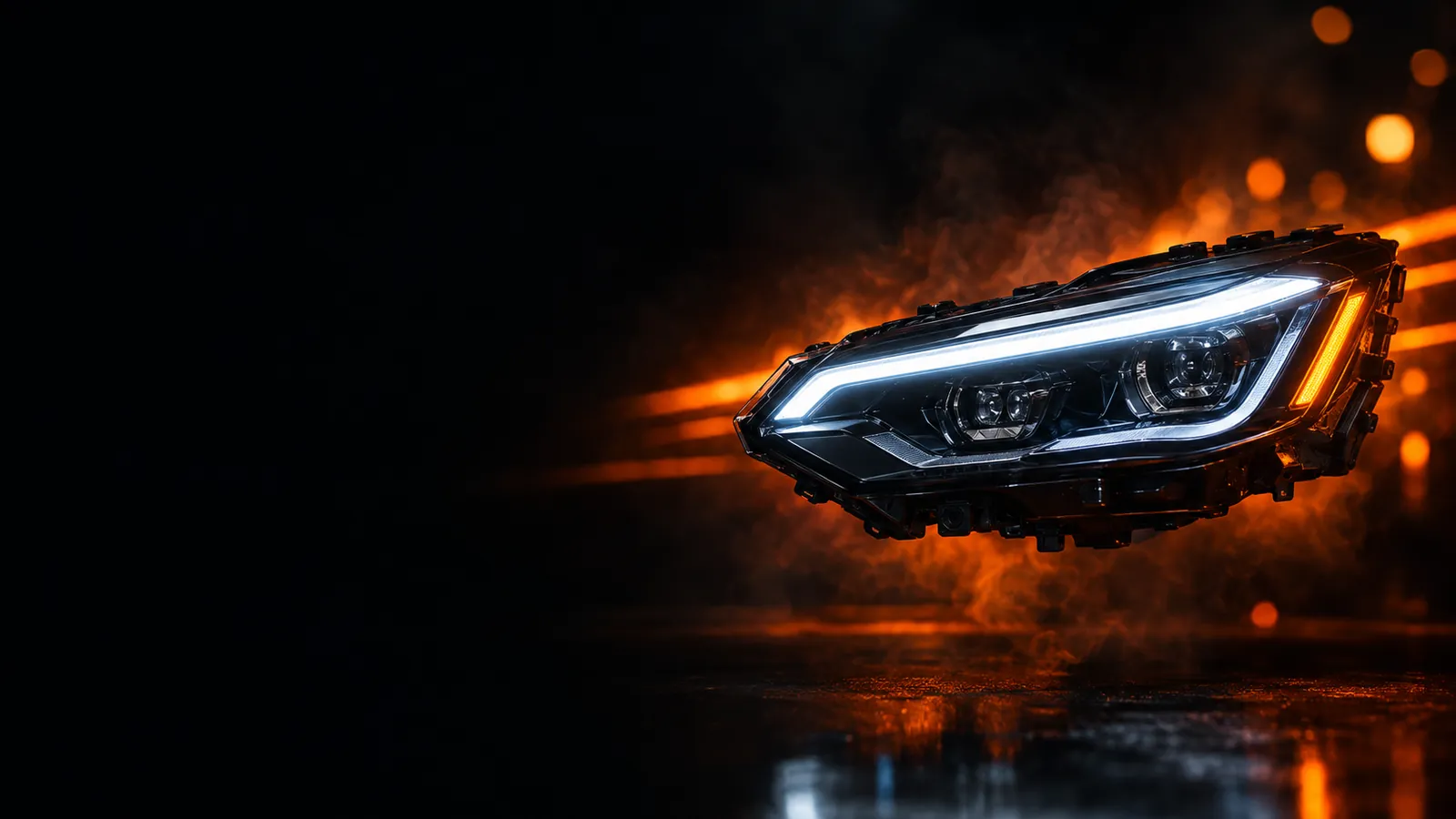 LED headlight assembly with a glowing light bar and orange light streaks in a dark studio