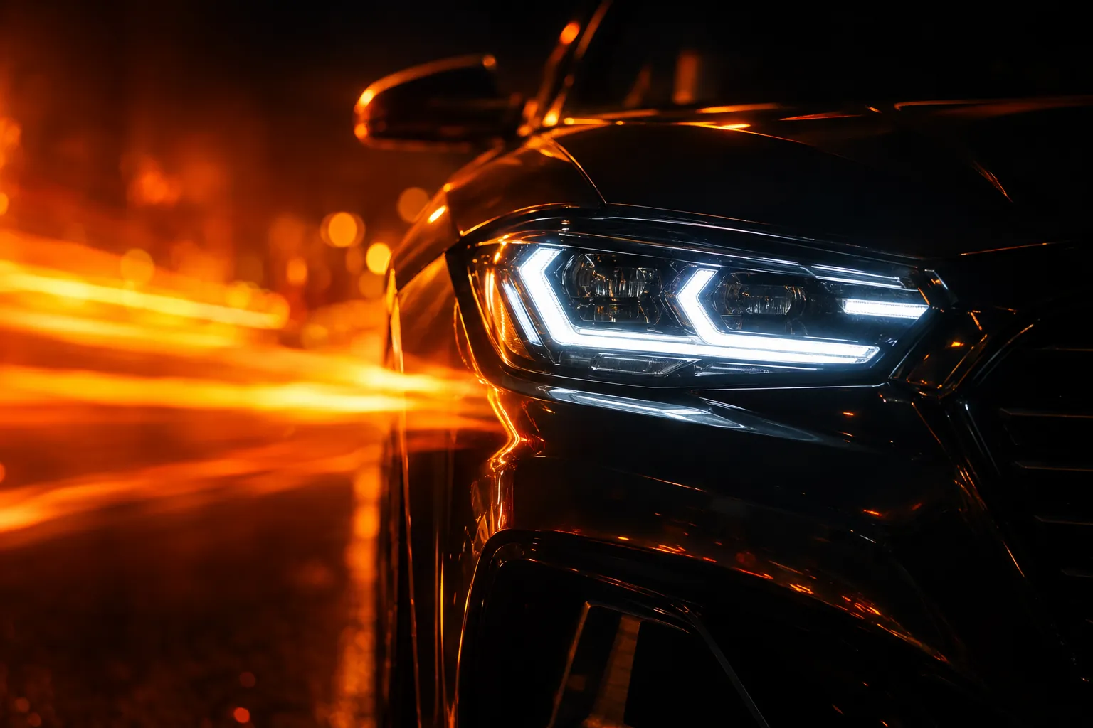 LED headlight glowing at night with fiery orange light streaks