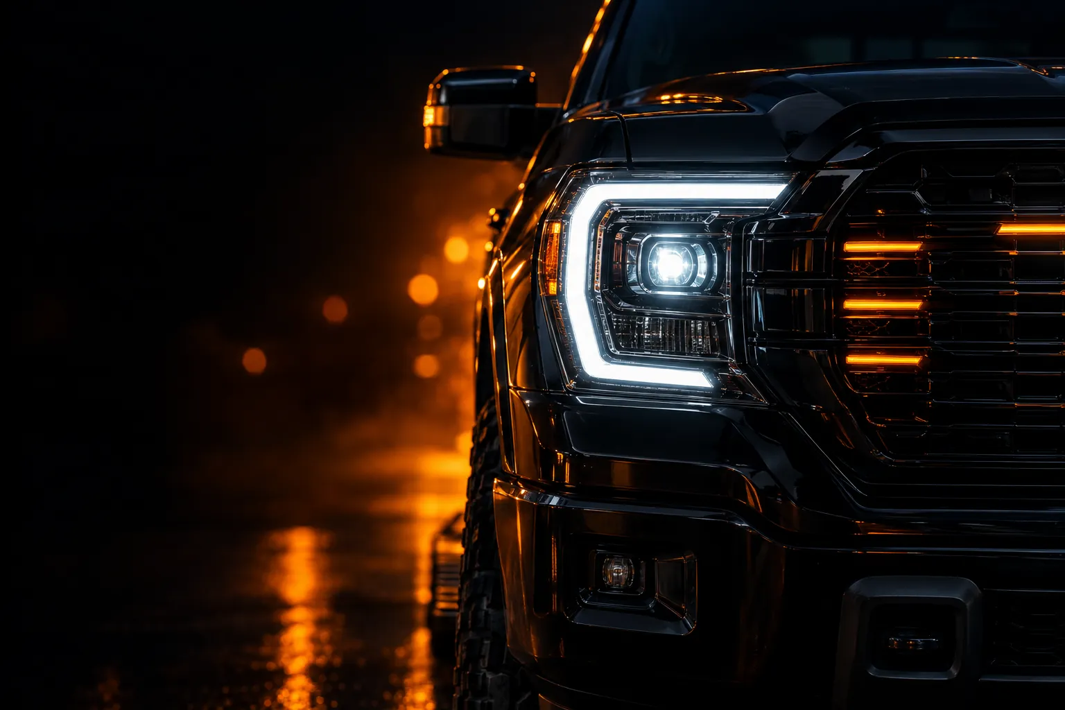 Close-up of a pickup truck LED headlight glowing white against a dark grille with orange accent lighting
